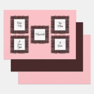 Personalised Plaid Pink Brown Matched Valentine's Wrapping Paper Sheet
