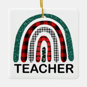 Personalised Plaid Rainbow Teacher Christmas Gift  Ceramic Ornament