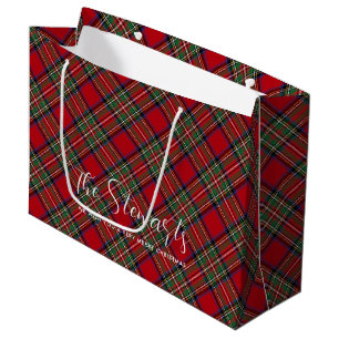 Personalised Plaid Script Christmas Stewart Tartan Large Gift Bag
