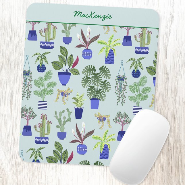 Personalised Plant Gardening Mouse Mat (Personalized custom name houseplant cactus succulent pattern mouse mat)