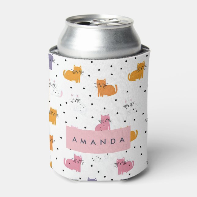 Personalised Playful Cat Pattern with Polka Dots  Can Cooler (Can Front)
