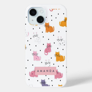 Personalised Playful Cat Pattern with Polka Dots iPhone 15 Case