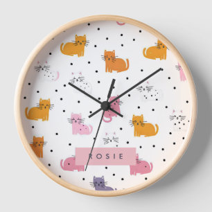 Personalised Playful Cat Pattern with Polka Dots  Clock