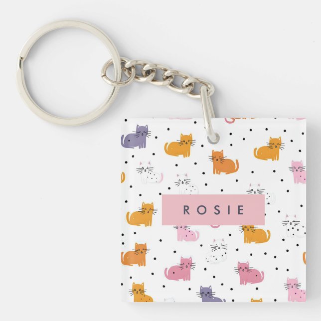 Personalised Playful Cat Pattern with Polka Dots  Key Ring (Front)
