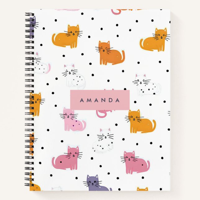 Personalised Playful Cat Pattern with Polka Dots  Notebook (Front)