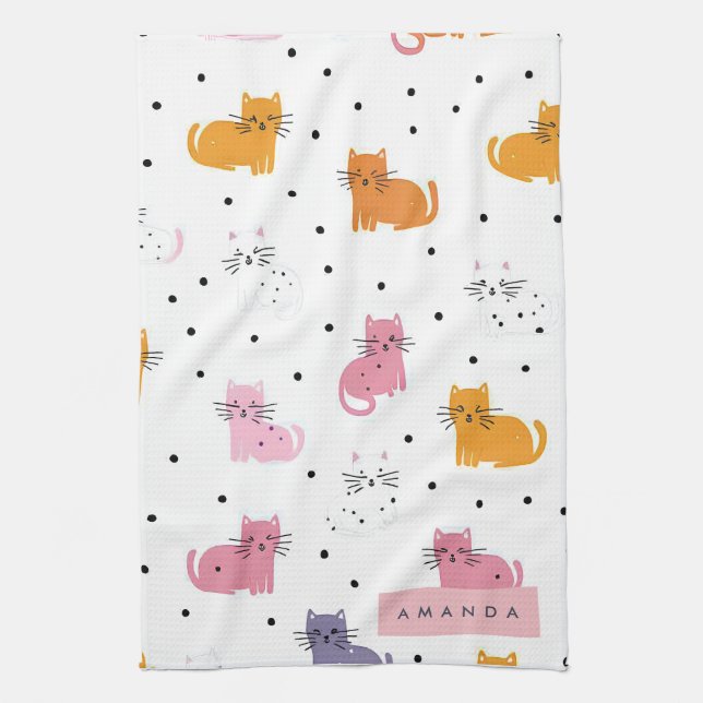 Personalised Playful Cat Pattern with Polka Dots Tea Towel (Vertical)