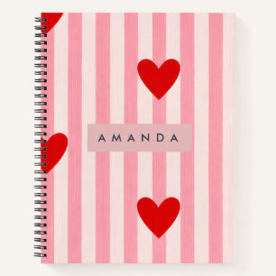 Personalised Playful Red Heart & Pink Stripe Notebook