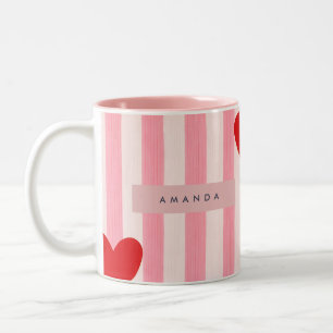 Personalised Playful Red Heart & Pink Stripe Two-Tone Coffee Mug