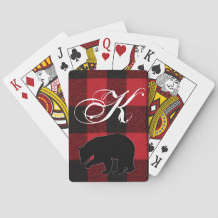 Personalised Playing Cards Red Buffalo Plaid Bear