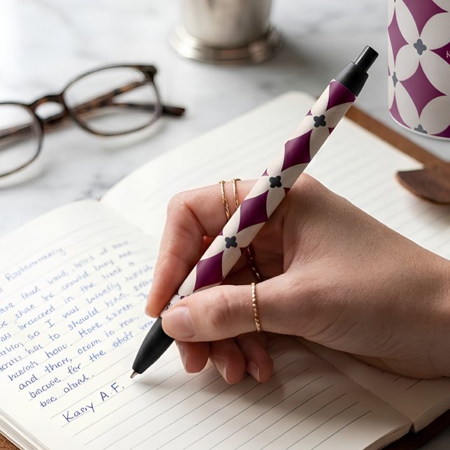 Personalised Plum & Cream Encaustic Tile Monogram Black Ink Pen (Creator Uploaded)