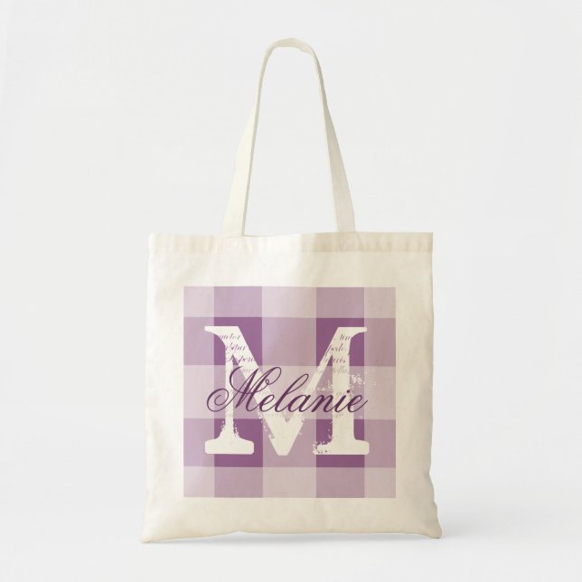 Personalised plum gingham monogram tote bag (Front)