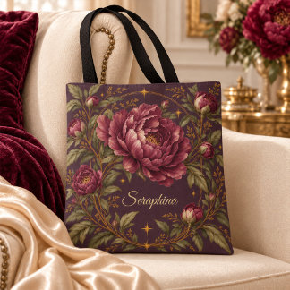 Personalised Plum Peony Gold Botanical Tote Bag