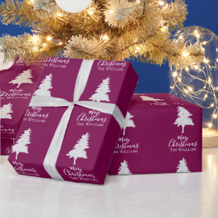 Personalised Plum White Christmas Tree Family Name Wrapping Paper