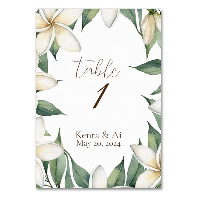 Personalised Plumeria Wedding Table Number (Front)