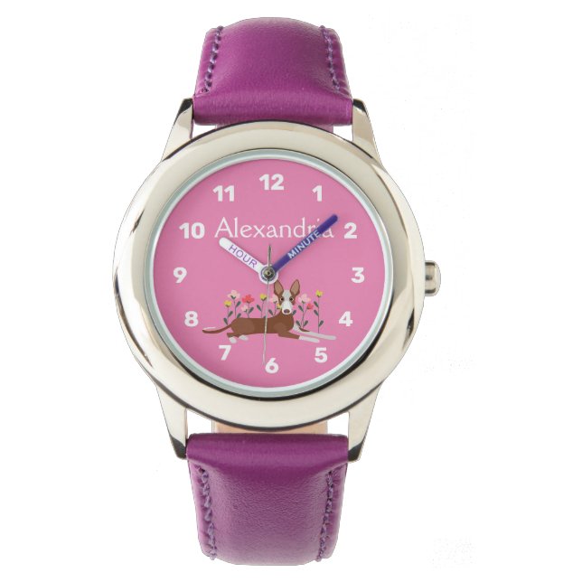 Personalised Podenco Dog Floral Girly Pink Watch (Front)