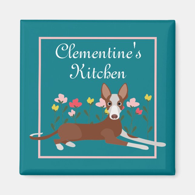 Personalised Podenco Dog Girly Floral Blue Fridge Magnet (Front)