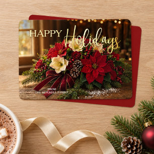 Personalised Poinsettia Bouquet Photo Gold Foil Holiday Card