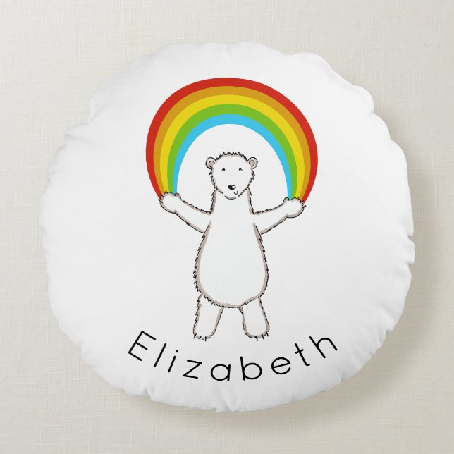 Personalised Polar Bear and Rainbow Round cushion (Front)