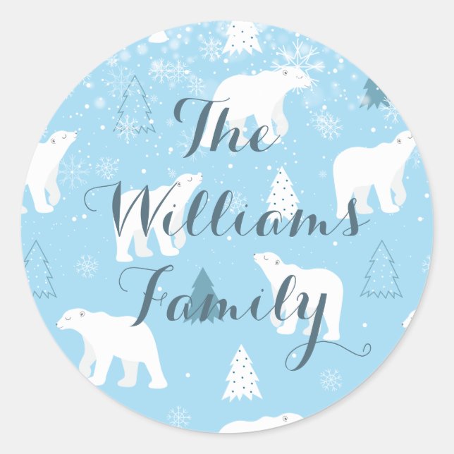 Personalised  Polar Bear Snowflakes Classic Round Sticker (Front)