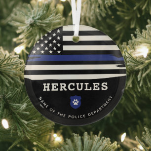 Personalised Police Dog K9 Officer Thin Blue Line Glass Tree Decoration