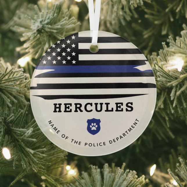 Personalised Police Dog K9 Officer Thin Blue Line Glass Tree Decoration (Insitu)