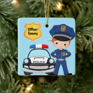 Personalised Police Officer and Patrol Car Kids Ceramic Ornament