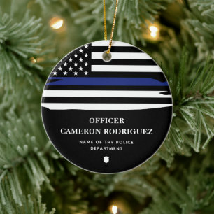 Personalised Police Officer Thin Blue Line Flag Ceramic Tree Decoration