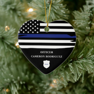 Personalised Police Officer Thin Blue Line Flag Ceramic Tree Decoration