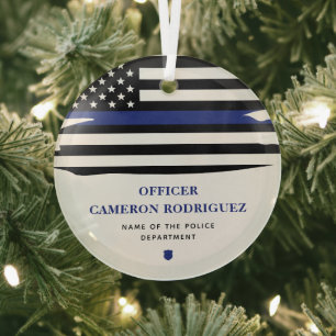 Personalised Police Officer Thin Blue Line Flag Glass Tree Decoration