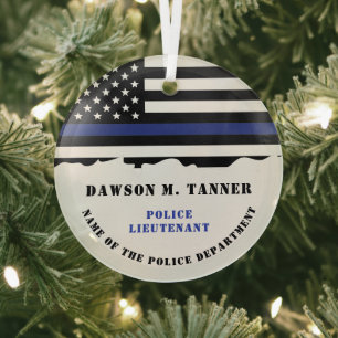 Personalised Police Officer Thin Blue Line Flag Glass Tree Decoration