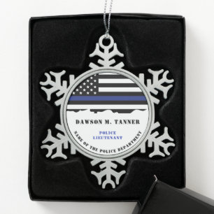 Personalised Police Officer Thin Blue Line Flag Snowflake Pewter Christmas Ornament