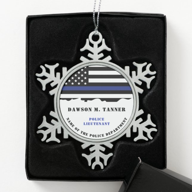 Personalised Police Officer Thin Blue Line Flag Snowflake Pewter Christmas Ornament (Box)