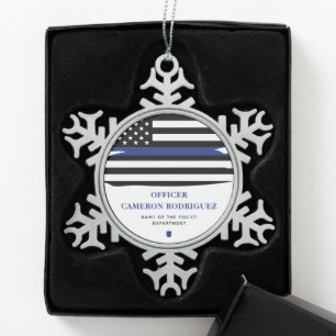 Personalised Police Officer Thin Blue Line Flag Snowflake Pewter Christmas Ornament
