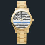 Personalised Police Retirement Thin Blue Line Flag Watch<br><div class="desc">Celebrate and show your appreciation to an outstanding Police Officer with this Thin Blue Line Police Retirement Watch - American flag design in Police Flag colours, distressed design . Perfect for service awards, police anniversary gifts, and police retirement gifts . Personalise this police retirement watch with name and badge #...</div>