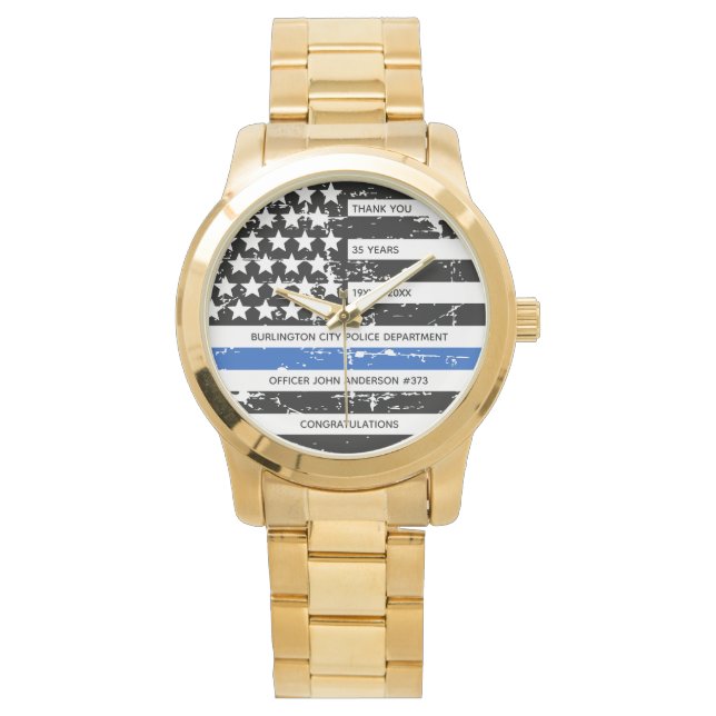 Personalised Police Retirement Thin Blue Line Flag Watch (Front)