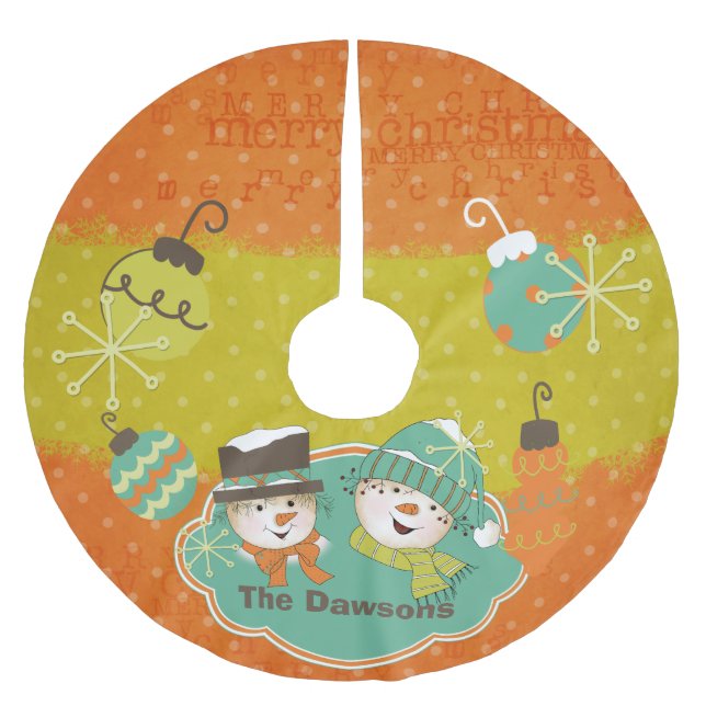 Personalised Polka Dot Snowmen Holiday Tree Skirt (Front)