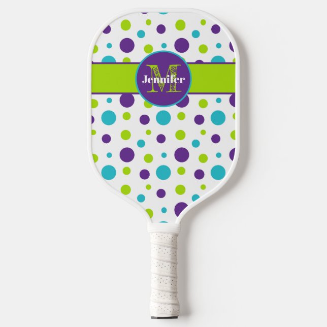 Personalised Polka Dot, Squares Lime, Purple, Teal Pickleball Paddle (Front)