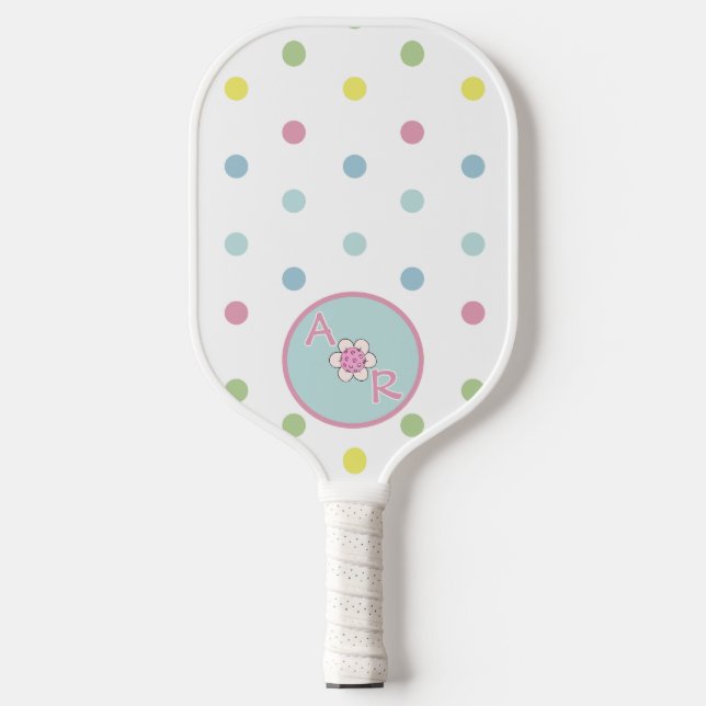 Personalised Polka Dot With Floral Monogram Pickleball Paddle (Front)