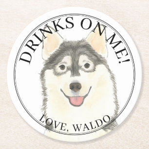 Personalised Pomsky Dog Wedding Round Paper Coaster