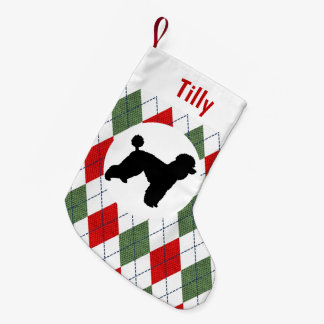 Personalised Poodle Red And Green Argyle Small Christmas Stocking