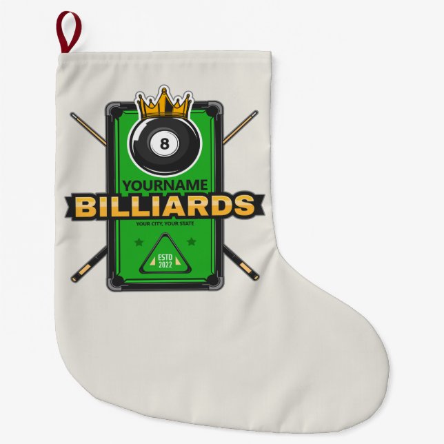 Personalised Pool Hall NAME 8 Ball Crown Billiards Large Christmas Stocking (Front)