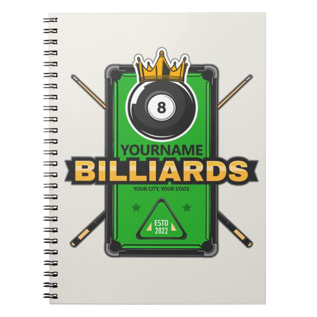 Personalised Pool Hall NAME 8 Ball Crown Billiards Notebook (Front)