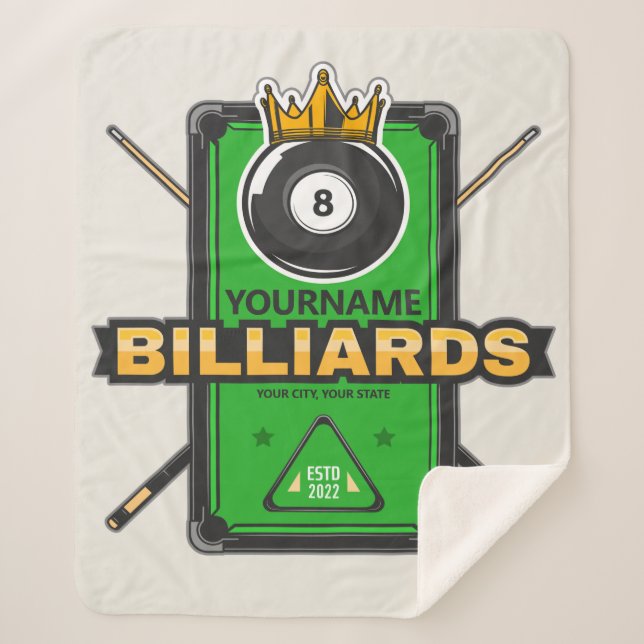 Personalised Pool Hall NAME 8 Ball Crown Billiards Sherpa Blanket (Front)