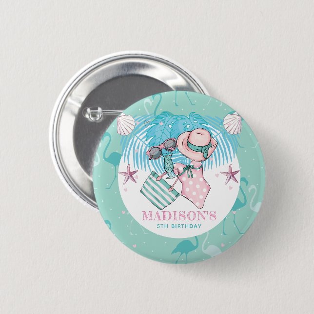 Personalised Pool Party Pink 6 Cm Round Badge (Front & Back)