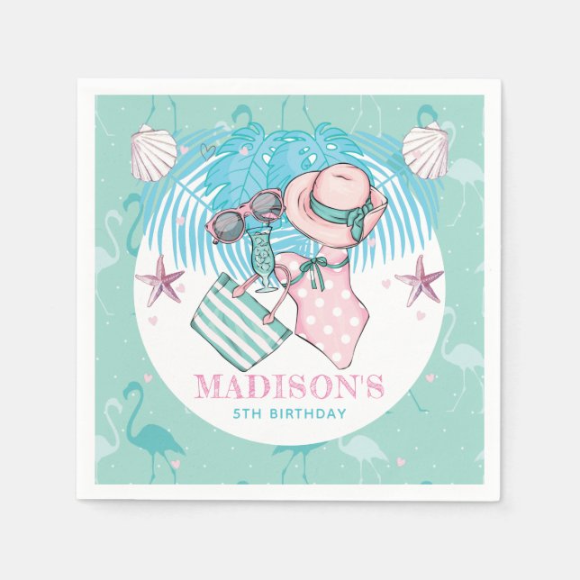 Personalised Pool Party Pink Turquoise Napkin (Front)