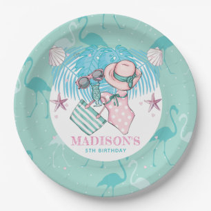 Personalised Pool Party Pink Turquoise Paper Plate