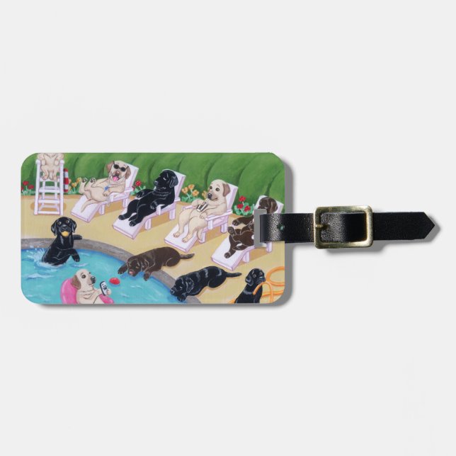 Personalised Poolside Party Labradors Luggage Tag (Front Horizontal)
