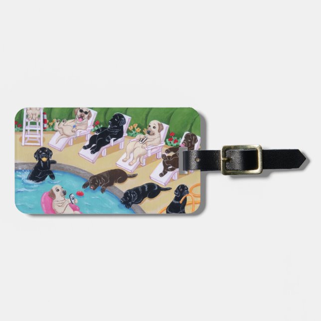 Personalised Poolside Party Labradors Luggage Tag (Front Horizontal)