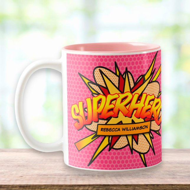 Personalised Pop Art Comic Book SUPERHERO Two-Tone Coffee Mug (Creator Uploaded)