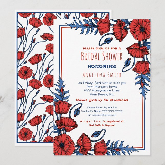 Personalised Poppy Floral Bridal Shower Invitation (Front/Back)